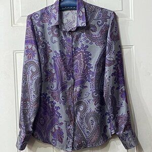 NEW Craig Taylor Sz M Silk Blouse Button Up Long Sleeve Purple/Gray Paisley